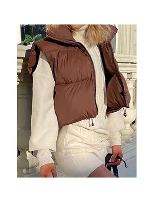 Hixiaohe Women's Winter Crop Vest Puffer Lightweight Stand Collar Padded Vest Zip Up Sleeveless Jacket