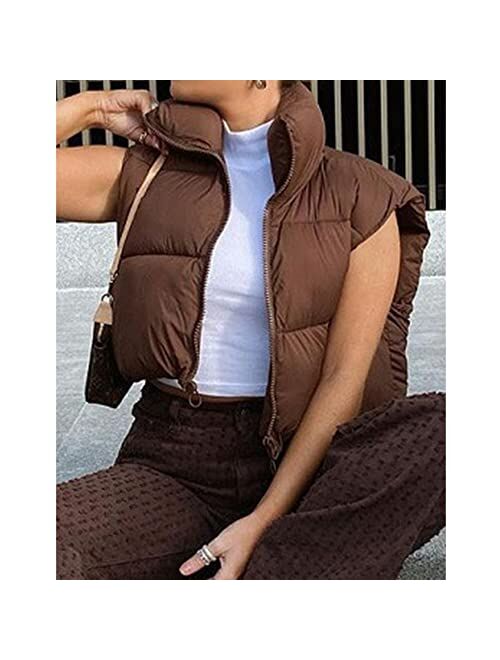 Hixiaohe Women's Winter Crop Vest Puffer Lightweight Stand Collar Padded Vest Zip Up Sleeveless Jacket
