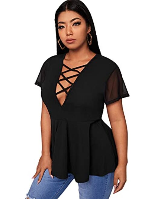SOLY HUX Women's Plus Size Sexy Criss Cross V Neck Short Sleeve Babydoll Peplum Top Blouse Shirts