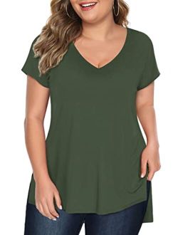 Florboom Plus Size Womens Clothes Long/Short Sleeve V Neck Tops Casual Loose Fit Basics High Low T Shirts
