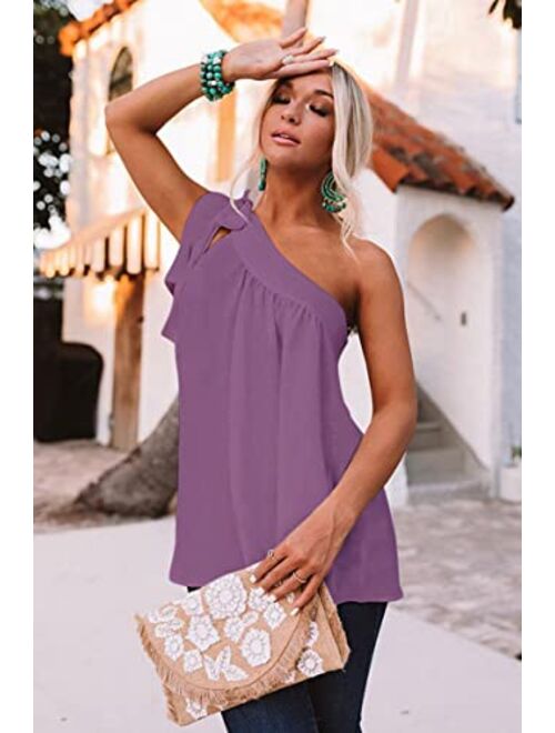 Guteidee Womens One Shoulder Tops Casual Tie Bow Knot Sleeveless Blouse Tunic Shirts