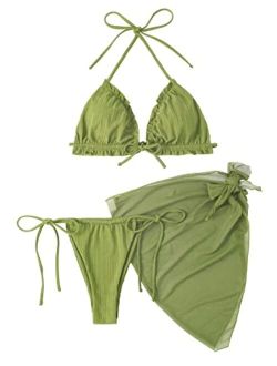 Women's 3 Piece Wrap Triangle Bikini Bathing Suits with Mesh Beach Skirt Swimsuits