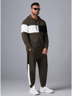 Extended Sizes Men Colorblock Hoodie & Contrast Sideseam Sweatpants