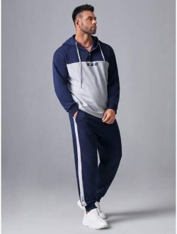 Extended Sizes Men Buttoned Front Letter Graphic Two Tone Hoodie & Sweatpants
