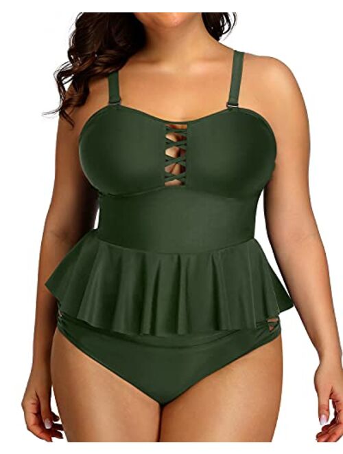 Yonique high waisted Plus Size Swimsuits for Women Tummy Control Two Piece Bathing Suits Peplum Tankini Tops High Waisted Swimwear