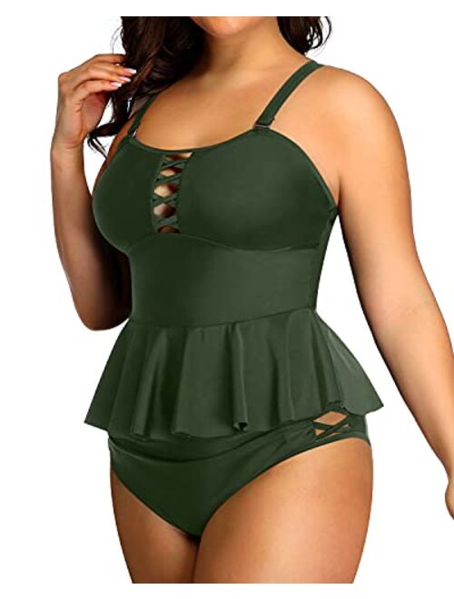 Yonique high waisted Plus Size Swimsuits for Women Tummy Control Two Piece Bathing Suits Peplum Tankini Tops High Waisted Swimwear