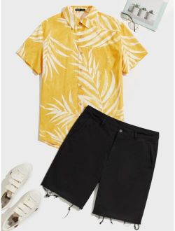 Men Tropical Print Blouse & Raw Hem Shorts Set