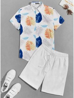 Men Tropical Print Shirt & Drawstring Waist Shorts Set