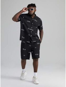 Extended Sizes Men Letter Graphic Shirt & Drawstring Waist Shorts
