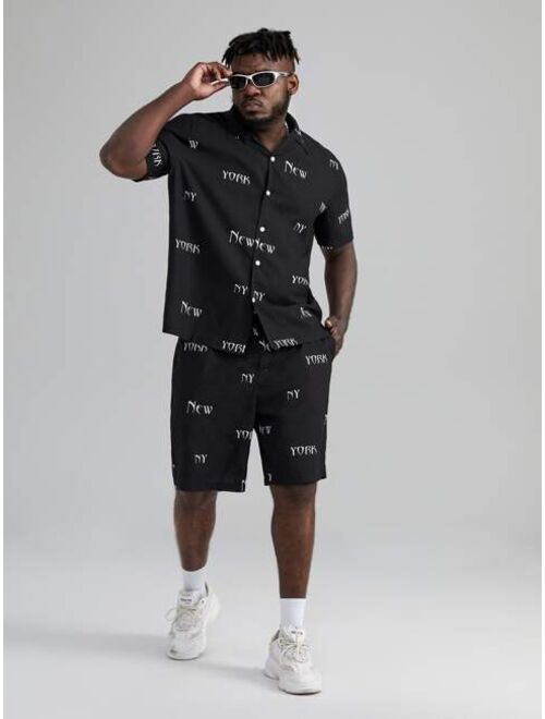 Shein Extended Sizes Men Letter Graphic Shirt & Drawstring Waist Shorts