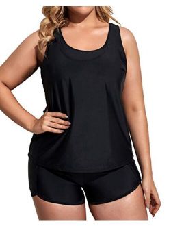 Holipick Women Plus Size 3 Piece Tankini Swimsuits Athletic Bathing Suits with Boy Shorts Tank Top with Sports Bra