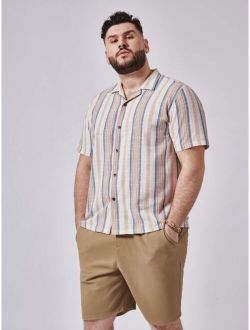 Extended Sizes Men Striped Print Shirt & Shorts Set
