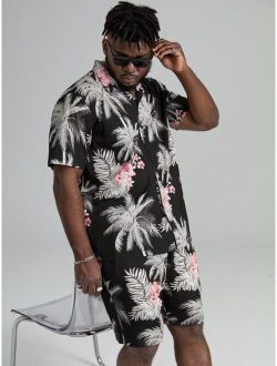 Extended Sizes Men Tropical Print Button Front Top & Shorts