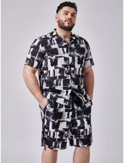Extended Sizes Men Lapel Collar Allover Print Shirt & Shorts
