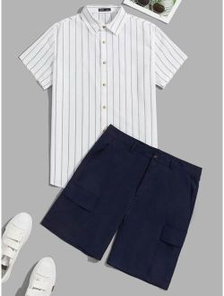 Men Striped Shirt & Flap Pocket Shorts Set