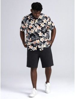 Extended Sizes Men Floral Shirt & Drawstring Shorts Set