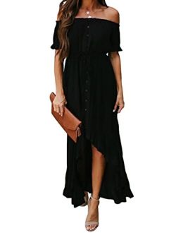 Womens Off The Shoulder Casual Short Sleeve Maxi Dress High Low Solid Cocktail Skater Dresses