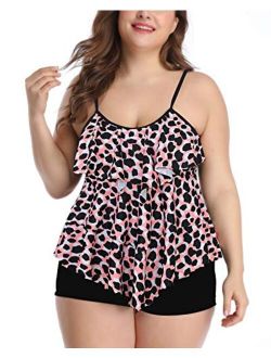 B2prity Women Plus Size Tankini Swimsuits Tummy Control Two Piece Bathing Suits Ruffle Swim Tank Top with Boy Shorts Swimwear