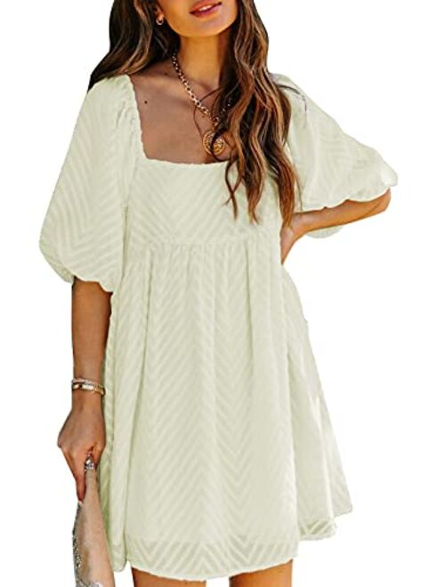 Dokotoo Womens Summer Dress Square Neckline Textured Puff Sleeve Chiffon Mini Dresses