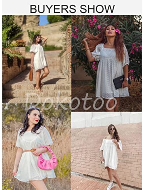 Dokotoo Womens Summer Dress Square Neckline Textured Puff Sleeve Chiffon Mini Dresses