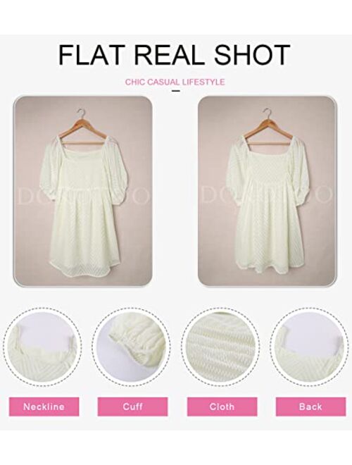 Dokotoo Womens Summer Dress Square Neckline Textured Puff Sleeve Chiffon Mini Dresses