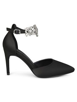 Womens Lizzie Satin Pointed Toe Rhinestone Ankle Strap D'Orsay Stiletto Heels
