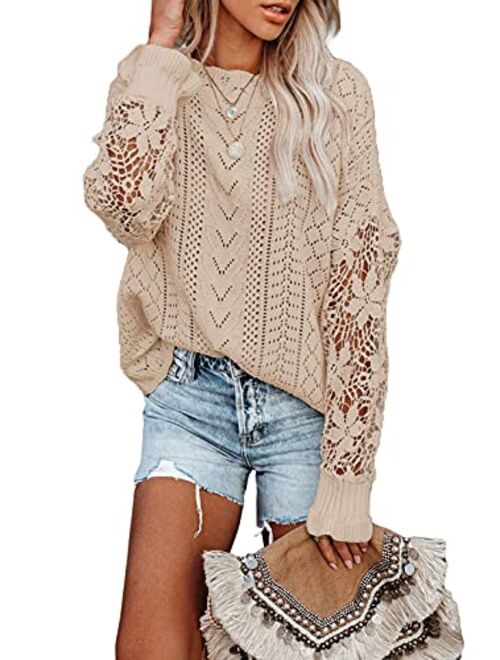 Dokotoo Womens Crewneck Crochet Lace Long Sleeve Hollow Out Cable Knit Pullover Sweaters Tops