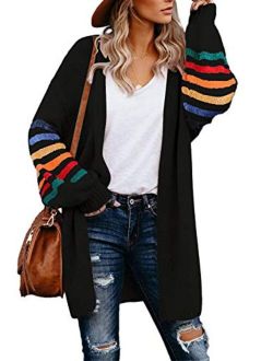 Women's Long Open Front Sweaters Striped Color Block Loose Knit Cardigans Outwear Coat