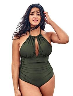 Women's Plus Size One Piece Swimsuit Halter Shirring Tummy Control Bathing Suit