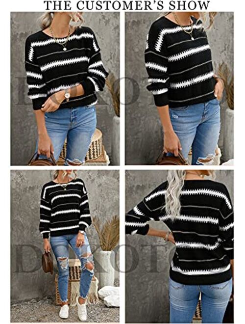 Dokotoo Womens Color Block Sweaters Long Sleeve Crewneck Pullover Knit Jumper Tops