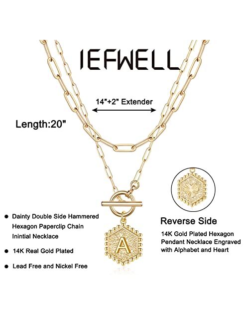 IEFWELL Layered Gold Initial Necklaces for Women, 14K Gold Plated Paperclip Link Chain Necklace Gold Necklace Toggle Clasp Layering Necklaces for Women Gold Layered Initi