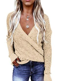 Womens Winter Deep V Neck Wrap Long Sleeve Knit Jumper Pullover Sweaters