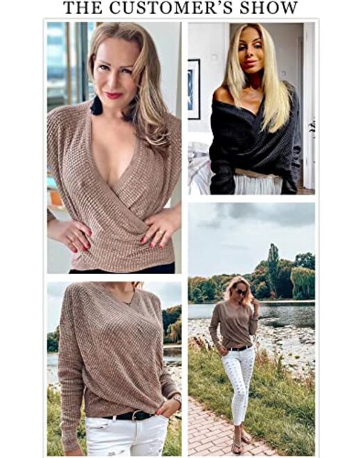 Dokotoo Womens Winter Deep V Neck Wrap Long Sleeve Knit Jumper Pullover Sweaters