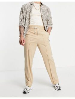 wide leg smart pants with elasticized waist band in stone cross hatch