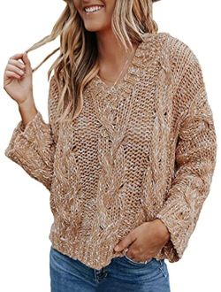 Womens Casual V Neck Long Sleeve Cable Knit Hooded Pullover Sweaters