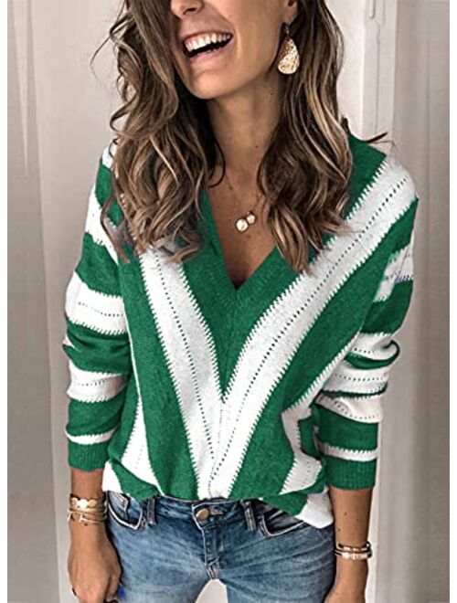 Dokotoo Womens Sexy V Neck Sweaters Autumn Long Sleeve Striped Sweater Tops Loose Pullover Knited Sweater