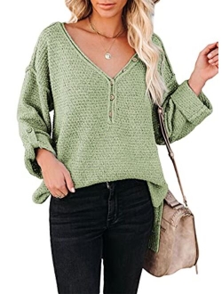 Womens Button V Neck Sweaters Long Sleeve Cable Knit Pullover Sweater Tops