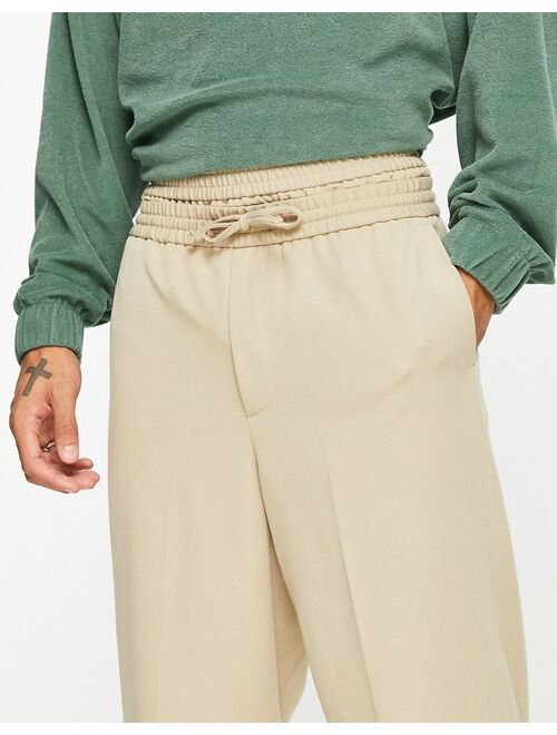 ASOS DESIGN wide leg smart pant with double waist band in beige