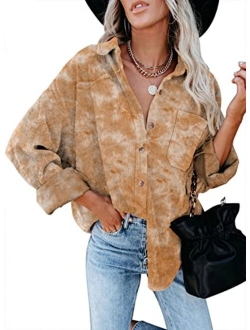 Womens Shacket Contrast Patchwork Corduroy Shirt Long Sleeve Button Down Shirts Oversized Blouses Tops Jacket
