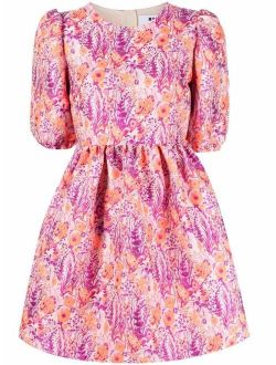 floral-jacquard puff-sleeve dress