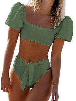 Womens Cute Solid Bubble Sleeves High Waisted Two Piece Bikini Swimsuit