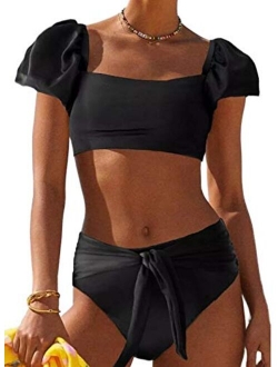 Womens Cute Solid Bubble Sleeves High Waisted Two Piece Bikini Swimsuit