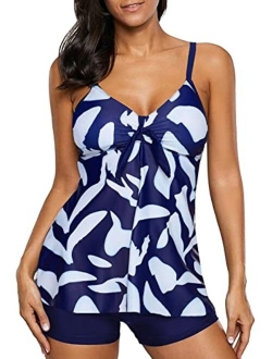 Womens Criss Cross Back Color Block Print Tankini Top with Boyshorts Swimsuit (S-XXXL)