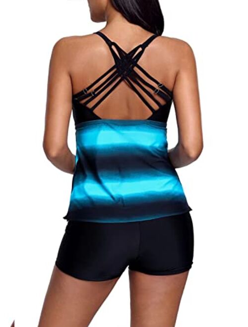 Dokotoo Womens Criss Cross Back Color Block Print Tankini Top with Boyshorts Swimsuit (S-XXXL)