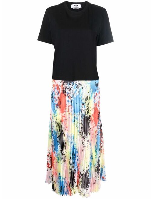 MSGM pleated paint-splatter midi dress
