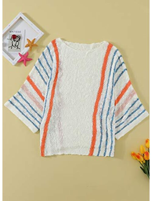 Dokotoo Womens Cute Summer Color Block Striped Lightweight Comfy Cable Knit Beach Pullover Sweaters