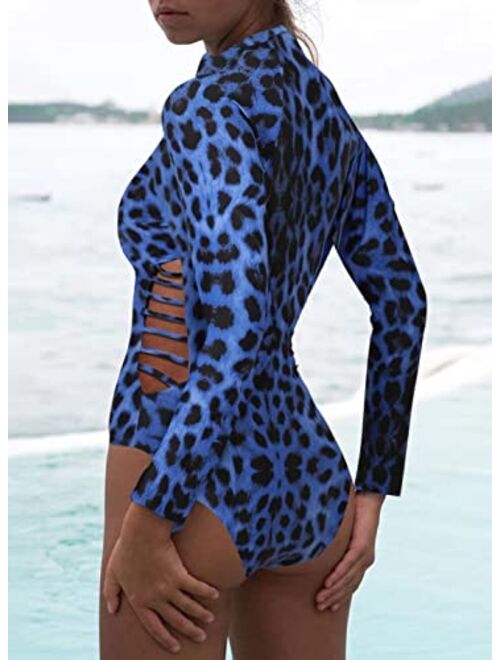 Dokotoo Womens Fashion One Piece Zip Front Swimsuits Printed Swimwear Long Sleeve Rash Guard High Waist Bathing Suits S-XXL