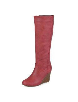 Womens Regular and Wide Calf Round Toe Faux Leather Mid-calf Wedge Boots