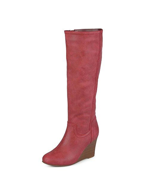 Brinley Co. Womens Regular and Wide Calf Round Toe Faux Leather Mid-calf Wedge Boots