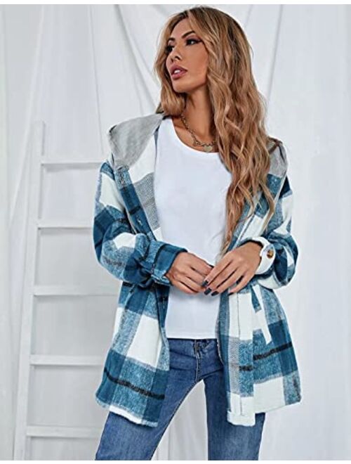 Yeokou Womens Flannel Plaid Shacket Oversized Wool Blend Button Down Long Sleeve Shirts Jackets Outwear Coat with Hood